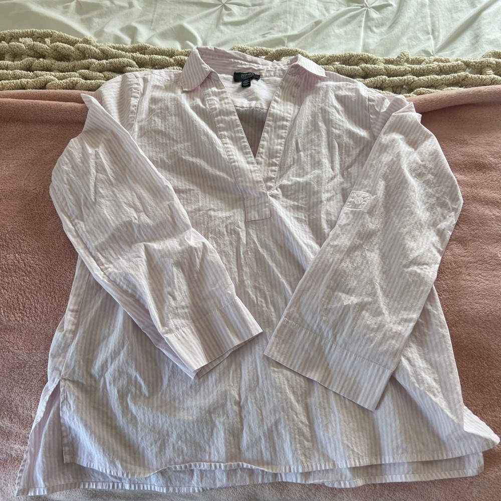 pink and white striped linen top